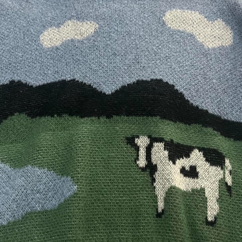 Blue Color Block Cow Pattern Drop Shoulder Sweater - Picture 5 of 7